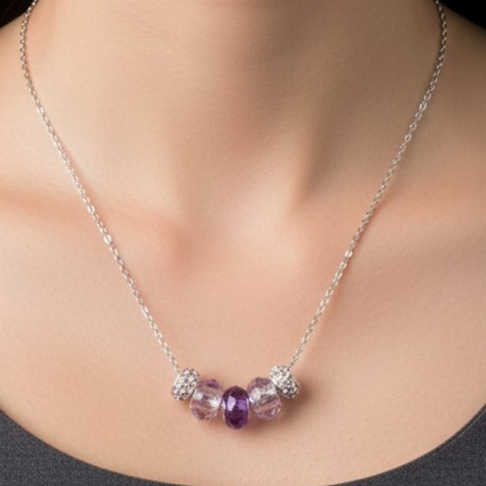Pretty Handmade Purple Fashion Jewelry Silver Tone Euro Beads & Chain Necklace